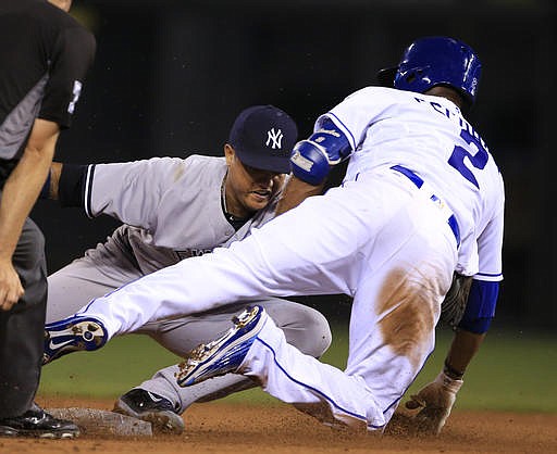 New York Yankees second baseman Starlin Castro, back, tags out Kansas City Royals' Alcides Escobar, right, during the fifth inning of a baseball game at Kauffman Stadium in Kansas City, Mo., Tuesday, Aug. 30, 2016. Escobar was out at second base trying to stretch a single.