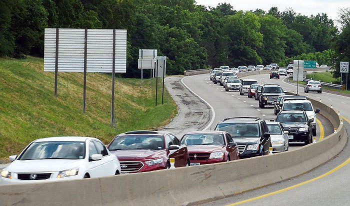 Traffic was backed up earlier this summer on eastbound U.S. 54 due to the high volume of traffic on the highway as cars prepare to enter the bridge. Traffic is expected to be high this Labor Day weekend as the westbound Missouri River Bridge won't be open. 