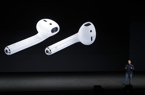 Phil Schiller, Apple's senior vice president of worldwide marketing, talks about the features on the new iPhone 7 earphone options during an event to announce new products, Wednesday, Sept. 7, 2016, in San Francisco.