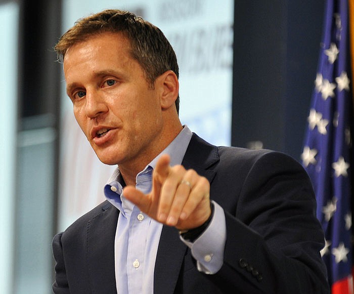 Republican gubernatorial candidate Eric Greitens is seen speaking in Jefferson City in August 2016.
