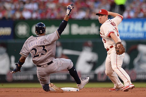 St. Louis Cardinals shortstop Jedd Gyorko (3) turns a double play as Milwaukee Brewers' Keon Broxton (23) slides into second base during the second inning of a baseball game between the St. Louis Cardinals and the Milwaukee Brewers on Saturday, Sep. 10, 2016, in St. Louis. 