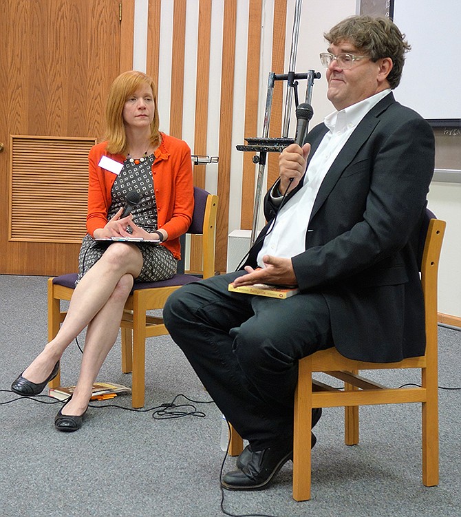 Lauren Williams, left, and George Hodgman speak at an event at William Woods University on Monday.