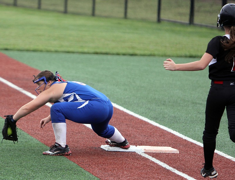 First baseman Paige Johnson stretches to make the putout in California's 10-0 loss to Southern Boone on Thursday.