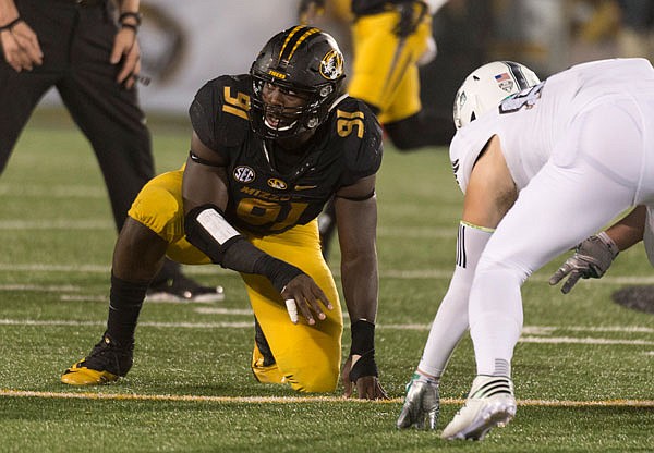 Missouri defensive end Charles Harris lines up before the snap during the third quarter of last Saturday night's game against Eastern Michigan in Columbia.