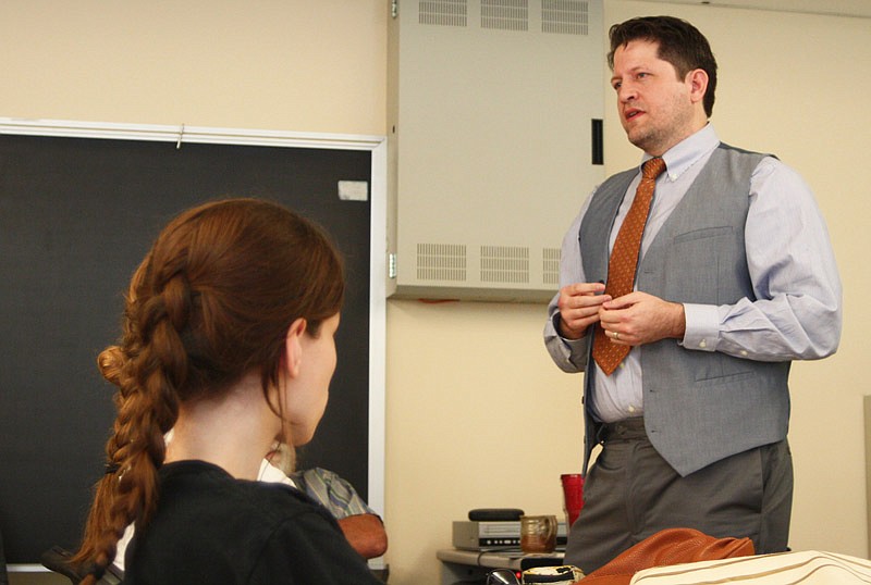 Aric Krogstad lectures on epidemiology and tropical diseases Thursday, Sept. 15, 2016 during the Hancock Symposium in Fulton.