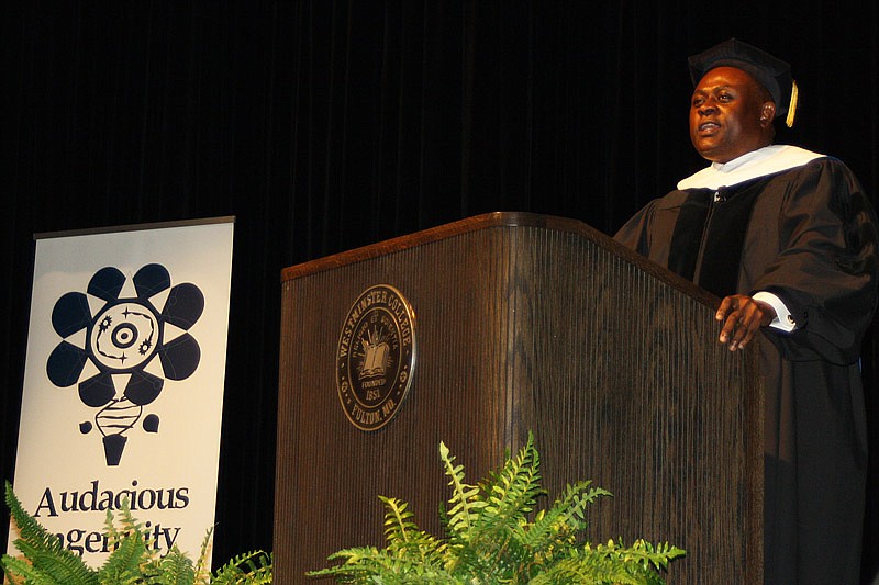 Dr. Bennet Omalu delivers the Green Foundation lecture after being awarded an honorary doctorate Thursday at Westminster College's 2016 Hancock Symposium.