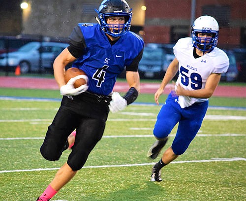 South Callaway running back Bennett Hager scores one of his two touchdowns in the Bulldogs' 26-6 Eastern Missouri Conference win against Montgomery County last Friday night in Mokane.