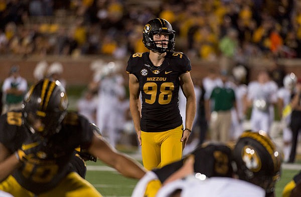 Missouri kicker Tucker McCann eyes the uprights before he kicks an extra point during the third quarter of a Sept. 10 game against Eastern Michigan in Columbia.