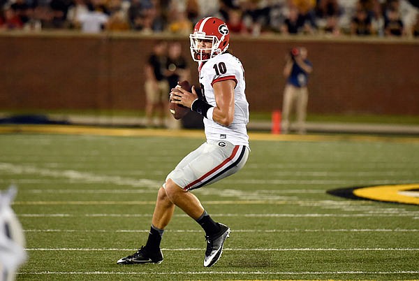 Georgia quarterback Jacob Eason looks to pass during the first half of last Saturday night's game against Missouri in Columbia.