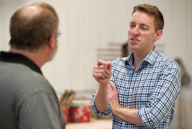 Missouri Democratic Senate candidate, Missouri Secretary of State Jason Kander, right, talks Aug. 12 with International Union of Painters and Allied Trades District 58 instructor Kevin Harned during a tour of the IUPAT training facility in the St. Louis suburb of Chesterfield.