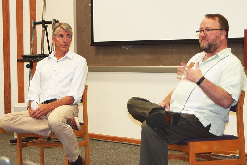 Panelists Dean Andersen, left, and Scott Miniea spoke about AIDS and the history of the LGBT movement in Missouri at a One Read event on Thursday, Sept. 22, 2016. 