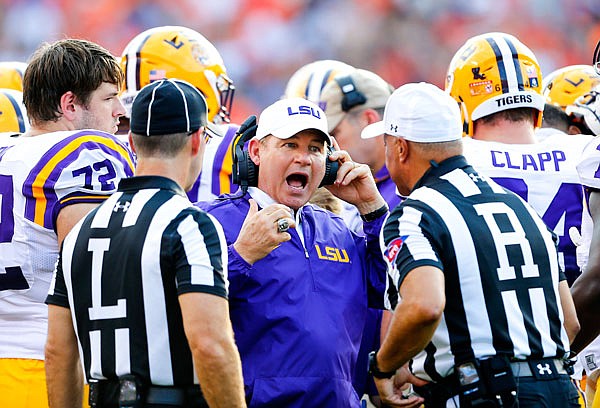 LSU head coach Les Miles reacting to a call during the first half of Saturday's game against Auburn in Auburn, Ala.