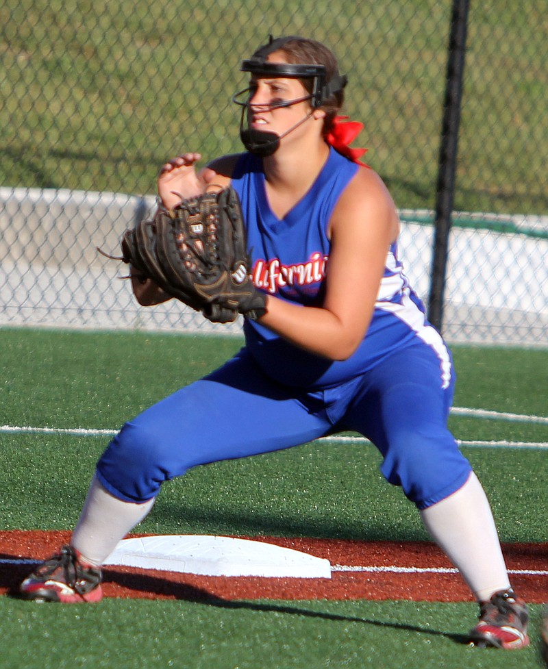 California third baseman Braleigh Johnson gets ready to field a ground ball Monday against Jamestown.