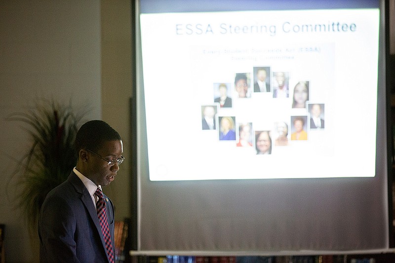 Anthony Bennett, a 2016 graduate of Ashdown, Ark., returns to the high school to lead a public forum Thursday. The purpose of the forum was to collect input from students and community members on reshaping the public education model under the guidelines of ESSA. Bennett was named as the only student representative for the state.