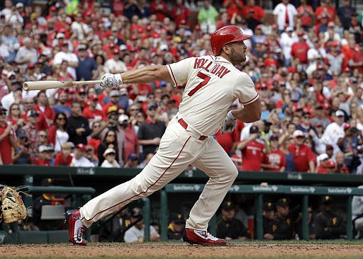 St. Louis Cardinals' Matt Holliday watches his RBI single during the sixth inning of a baseball game Saturday, Oct. 1, 2016, in St. Louis.