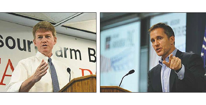 Democrat Chris Koster, left, and Republican Eric Greitens are seen touting their gubernatorial candidacies during appearances at the Missouri Farm Bureau.