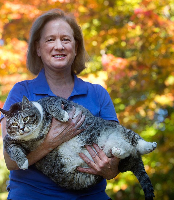 Susan Brunvand holds onto Logan, her 31-pound cat, at the Silver Fox Inn at the Waterville Valley resort in Waterville Valley, New Hampshire.
