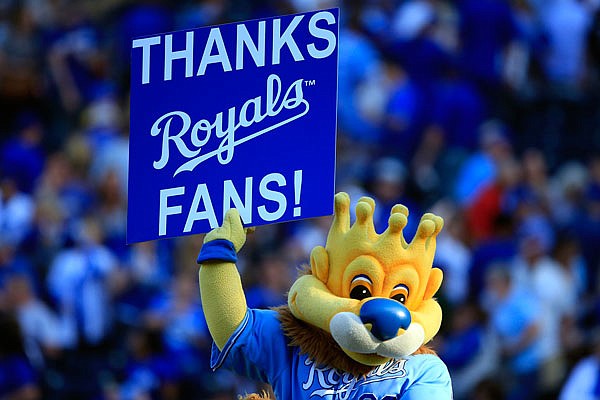 Royals mascot Sluggerrr thanks fans following Sunday afternoon's game against the Indians at Kauffman Stadium in Kansas City.