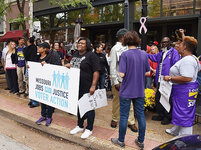 Several dozen low-wage workers rallied outside of the Missouri Republican Party headquarters on High Street after a brief Thursday protest outside the Missouri Supreme Court Building. They were in the Capital City in support of increasing the minimum wage. 