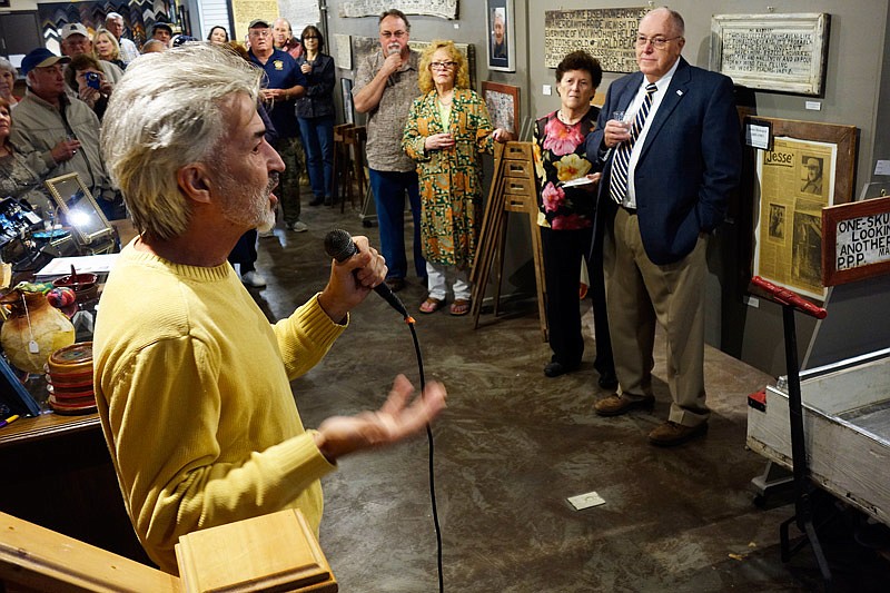 Mark Stevenson speaks to an assemblage at the Art House gallery in downtown Fulton on Friday evening, Oct. 7, 2016 before his performance.