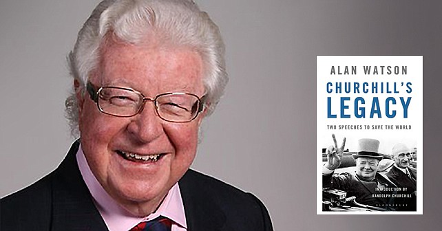 Right Honorable Lord Alan Watson and the cover of his book, Churchill's Legacy