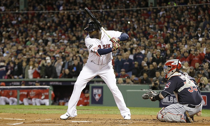 Boston Red Sox designated hitter David Ortiz stands at the plate in front of Cleveland Indians catcher Roberto Perez on Monday during the second inning in Game 3 of the American League Division Series in Boston. 