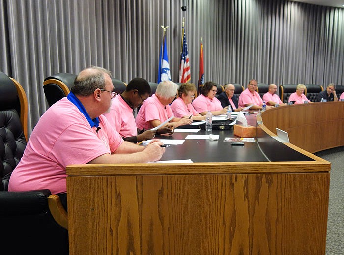 Fulton City Council members sport pink shirts at Tuesday night's meeting to recognize breast cancer awareness month.