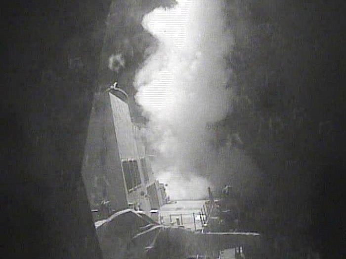 The guided missile destroyer USS Nitze (DDG 94) launches a strike against coastal sites in Houthi-controlled territory on Yemen's Red Sea coast. U.S.-launched Tomahawk cruise missiles destroyed three coastal radar sites.
