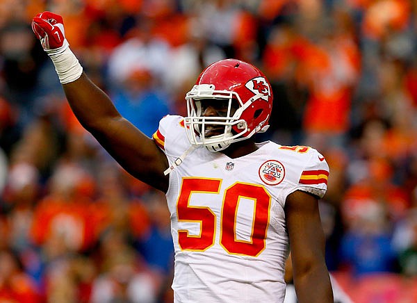 In this Nov. 15, 2015, file photo, Chiefs outside linebacker Justin Houston celebrates a stop during a game against the Broncos in Denver. Houston has been cleared to resume football activity for the first time since having surgery to repair the ACL in his left knee in February.
