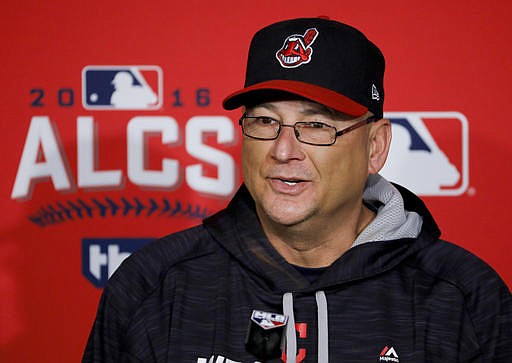 Cleveland Indians manager Terry Francona speaks during a news conference before Game 2 of baseball's American League Championship Series against the Toronto Blue Jays in Cleveland, Saturday, Oct. 15, 2016. 