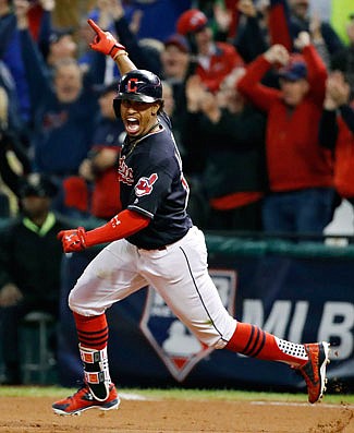 Francisco Lindor of the Indians celebrates after his two-run home run during the sixth inning of Friday night's game against the Blue Jays in Cleveland.