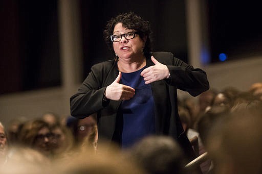 U.S. Supreme Court Associate Justice Sonia Sotomayor speaks before audience at Northrup Auditorium at the University of Minnesota on Monday, Oct. 17, 2016, in Minneapolis. Sotomayor said the high court continues to deeply feel the loss of Justice Antonin Scalia. (Renee Jones Schneider/Star Tribune via AP)