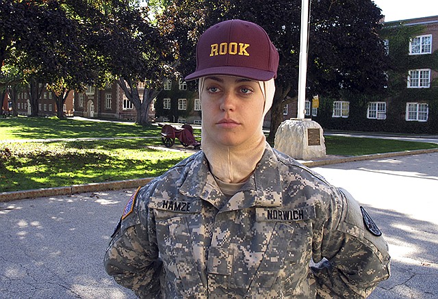 Freshman student Sana Hamze poses Oct. 12 in Northfield, Vermont, during an interview about her time as a first-year student in the military college's Corps of Cadets. Norwich University has allowed Hamze to wear her Muslim headscarf as part of her Norwich uniform.
