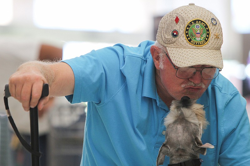 In a Sept. 21, 2016 photo, Gordon Taylor and his service dog, Precious, work on training techniques like "fetch" in an Amarillo Walgreens with help from Brooke Schneider, director of Hope Lives Here. The nonprofit works to pair up veterans suffering from Post-Traumatic Stress Disorder with service dogs. Taylor and Precious have been training together for a month. 