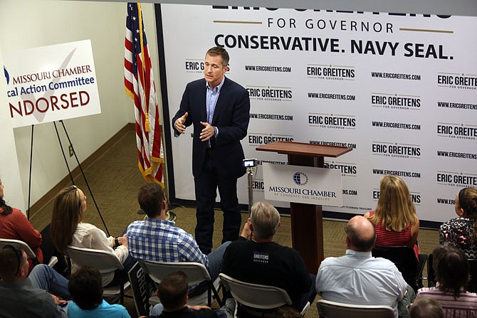 Eric Greitens, Republican nominee for governor, speaks to voters Friday at the Missouri Chamber of Commerce. Greitens is a former Navy SEAL and will be running against Democratic nominee Chris Koster in November.