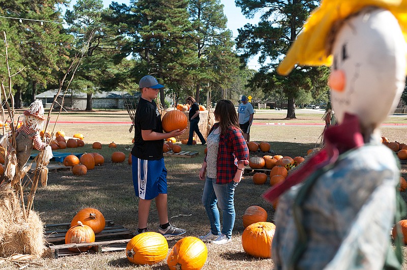  Kevin Beck, left, shows the pumpkin he selected to Tori Penney on Sunday as they look for the best one at the pumpkin patch at Williams Memorial United Methodist Church. 