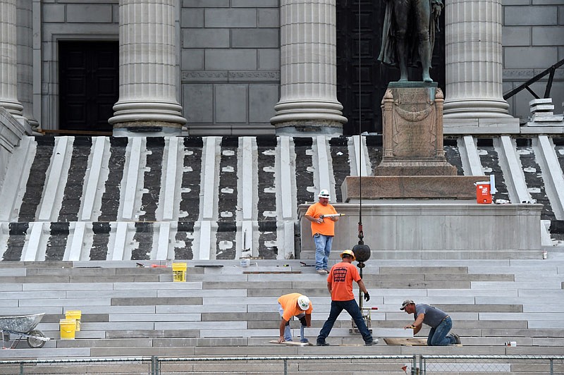 Construction continues Friday, Oct. 21, 2016 on the steps of the Missouri Capitol. The first phase of the renovations is expected to be complete Dec. 23. 