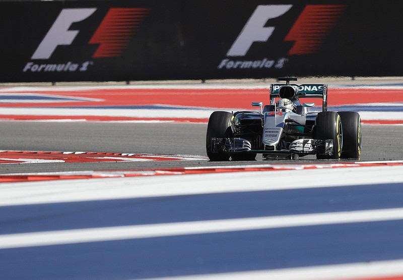 Mercedes driver Lewis Hamilton, of Britain, steers his car during the final practice session for the Formula One U.S. Grand Prix auto race at the Circuit of the Americas, Saturday, Oct. 22, 2016, in Austin, Texas.