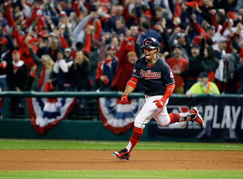 In this Friday, Oct. 14, 2016, file photo, Cleveland Indians' Francisco Lindor rounds the bases on his two-run home run against the Toronto Blue Jays during the sixth inning in Game 1 of baseball's American League Championship Series in Cleveland.   A leader in the clubhouse and on the field, Cleveland's 22-years-old exuberant shortstop has blossomed in this postseason will now showcase his immense talents in the World Series.