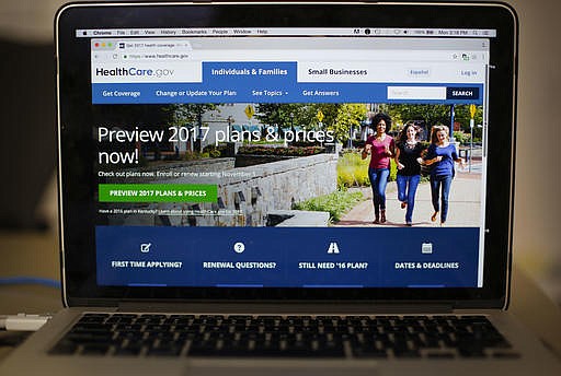 The HealthCare.gov 2017 web site home page as seen in Washington, Monday, Oct. 24, 2016. The Obama administration is confirming that premiums will go up sharply next year for health insurance sold to millions of consumers through HealthCare.gov. 