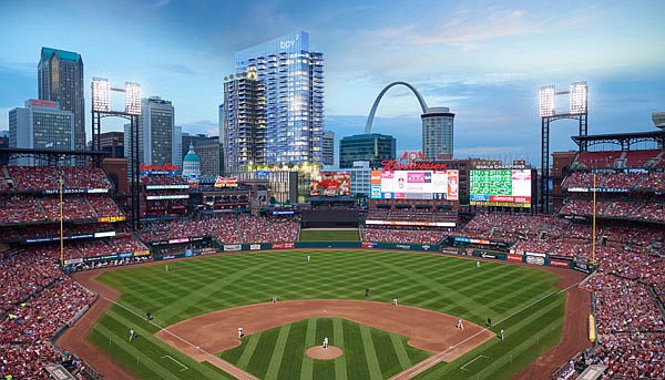 This artist rendering provided by Arnold Design and the Cardinals shows plans announced Tuesday for the second phase of Ballpark Village next to Busch Stadium in downtown St. Louis. It will feature a 29-story luxury apartment building, along with office, retail, restaurants and entertainment space. Construction is expected to start late next year and be completed in 2019.