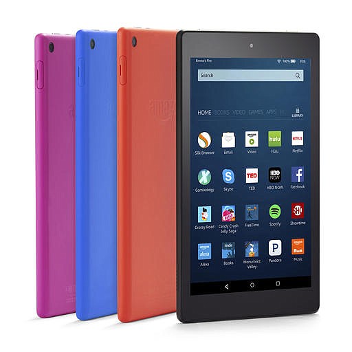 This undated file image provided by Amazon shows color options of the new Amazon Fire HD 8 tablet. Amazon's Fire tablets are getting the Alexa voice assistant.