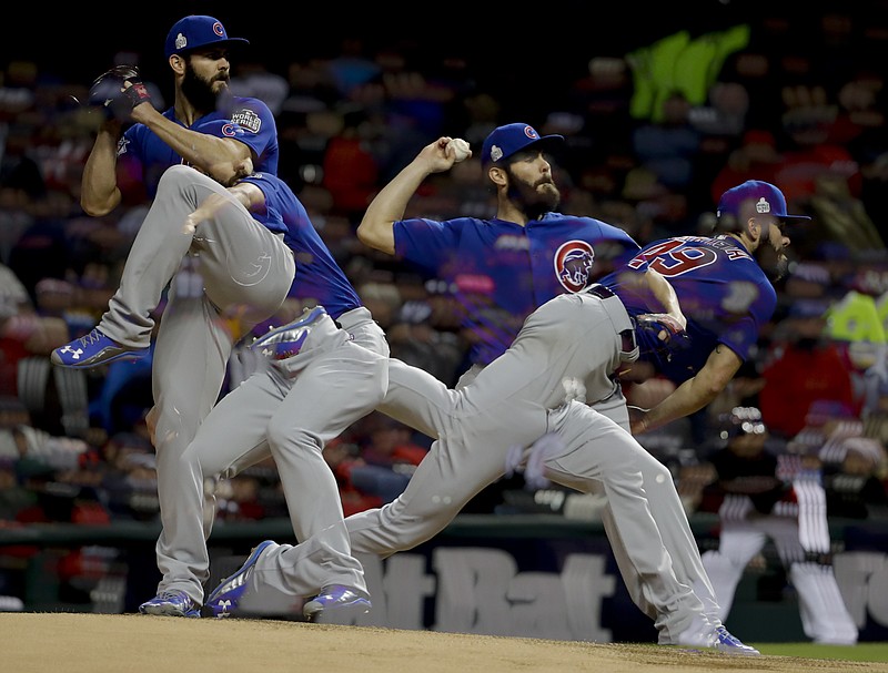In this multiple exposure picture, Chicago Cubs starting pitcher Jake Arrieta throws against the Cleveland Indians during the fifth inning of Game 2 of the Major League Baseball World Series Wednesday, Oct. 26, 2016, in Cleveland.
