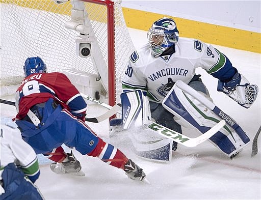 Montreal Canadiens defenseman Nathan Beaulieu scores against Vancouver Canucks goalie Ryan Miller during the second period of an NHL hockey game Wednesday, Nov. 2, 2016, in Montreal. (Ryan Remiorz/The Canadian Press via AP)