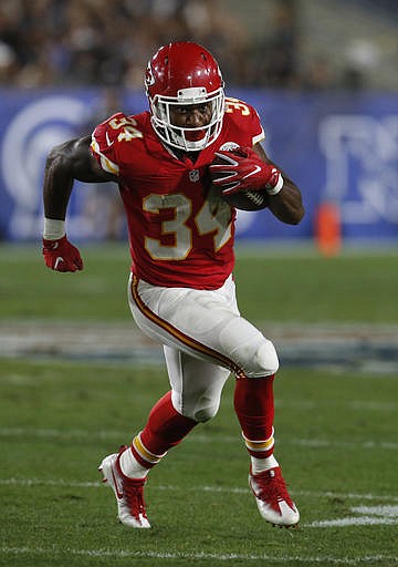 In this Aug. 20, 2016, photo, Kansas City Chiefs running back Knile Davis (34) during a preseason NFL football game against the Los Angeles Rams in Los Angeles. 