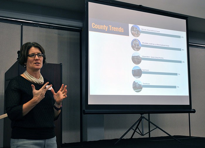 Amy Haase, LOREDC housing study project coordinator and senior partner at RDG Planning & Design, discusses the most successful housing suggested from a community online survey results at a presentation of the completed study to Lake Area stakeholders Thursday, Nov. 3, 2016 at the Inn at Grand Glaize in Osage Beach, Mo. 