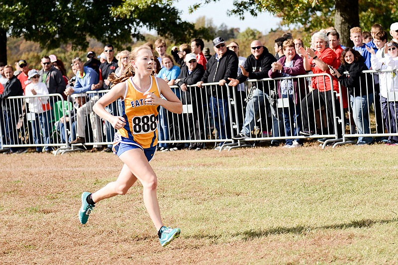 Brianna Haller of Fatima bolts down the final stretch Saturday, Nov. 5, 2016 on her way to the individual title in the Missouri Class 2 cross country championships at the Oak Hills Golf Center in Jefferson City.