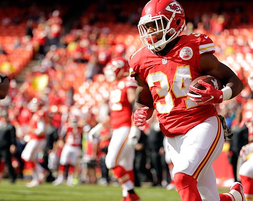 Chiefs running back Knile Davis goes through drills prior to Sunday's game against the Jaguars at Arrowhead Stadium.