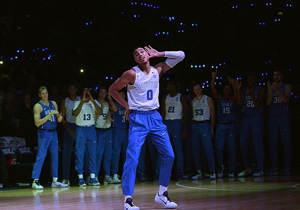 Duke freshman Jayson Tatum acknowledges the crowd during the school's annual Countdown to Craziness event Oct. 22 in Durham, N.C.