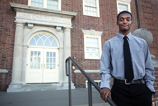 Brennan Edwards, sophomore at Lincoln University, poses Wednesday in front of Lincoln University's Libby C. Anthony Hall. Edwards was the recipient of the Frederick Douglass Global Fellowship, which will enable him to study in England. 